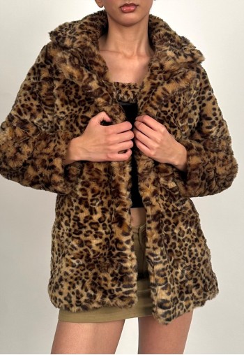 Vintage 00s GAP Brown and Black Leopard Print Faux Fur Coat