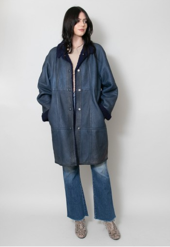 80's Vintage Blue Shearling Leather Ladies Coat