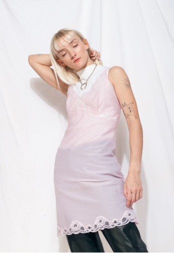 Vintage Slip Dress 70s Pastel Pink Sheer Lace Lingerie