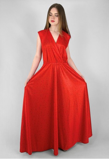1970's Vintage Red Black Polka Dot Sleeveless Maxi Dress