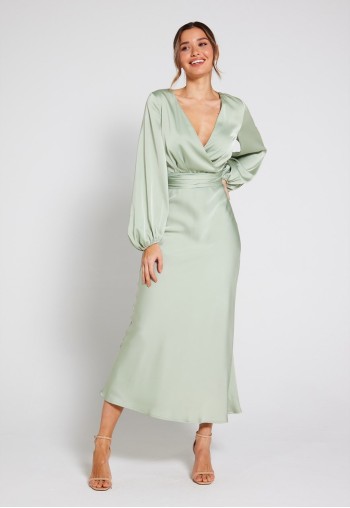 Pippa Long Sleeve Satin Maxi Dress - Sage Green