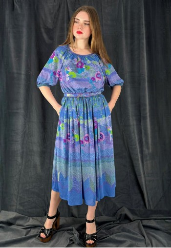 70's Blue Purple Floral Vintage Short Sleeve Midi Dress