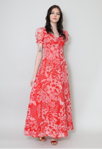 70's Vintage Red Puff Short Sleeve Floral Maxi Dress