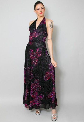 70's Vintage Ladies Maxi Dress Black Silver Butterfly Print