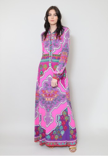 Leonard of Paris Vintage 70's Pink Long Sleeve Maxi Dress