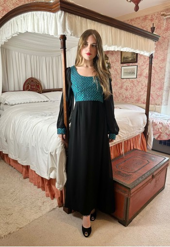 70's Vintage Black Bell Sleeve Black Blue Lurex Maxi Dress