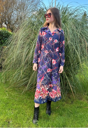 70's Vintage Blue Dagger Collar Dressing Gown Midi Dress