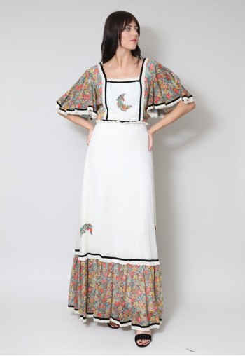 70's Vintage White Floral Angel Sleeve Prairie Maxi Dress