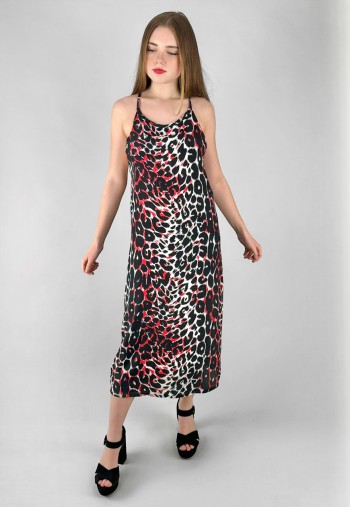 70's Vintage Animal Print White Black Red Slip Midi Dress