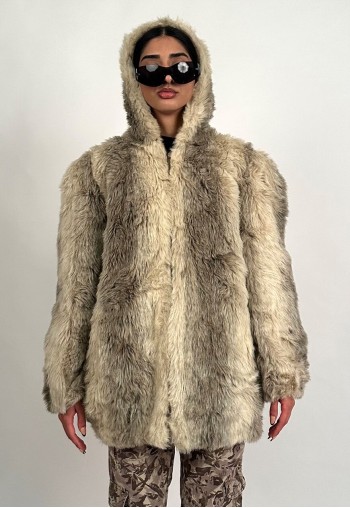 Vintage Y2K 00s Grey Fur Coat with Hood