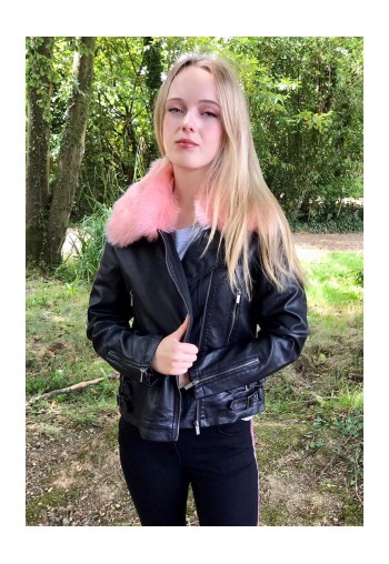 Black Faux Leather (Removable - Pink Collar) Biker Jacket